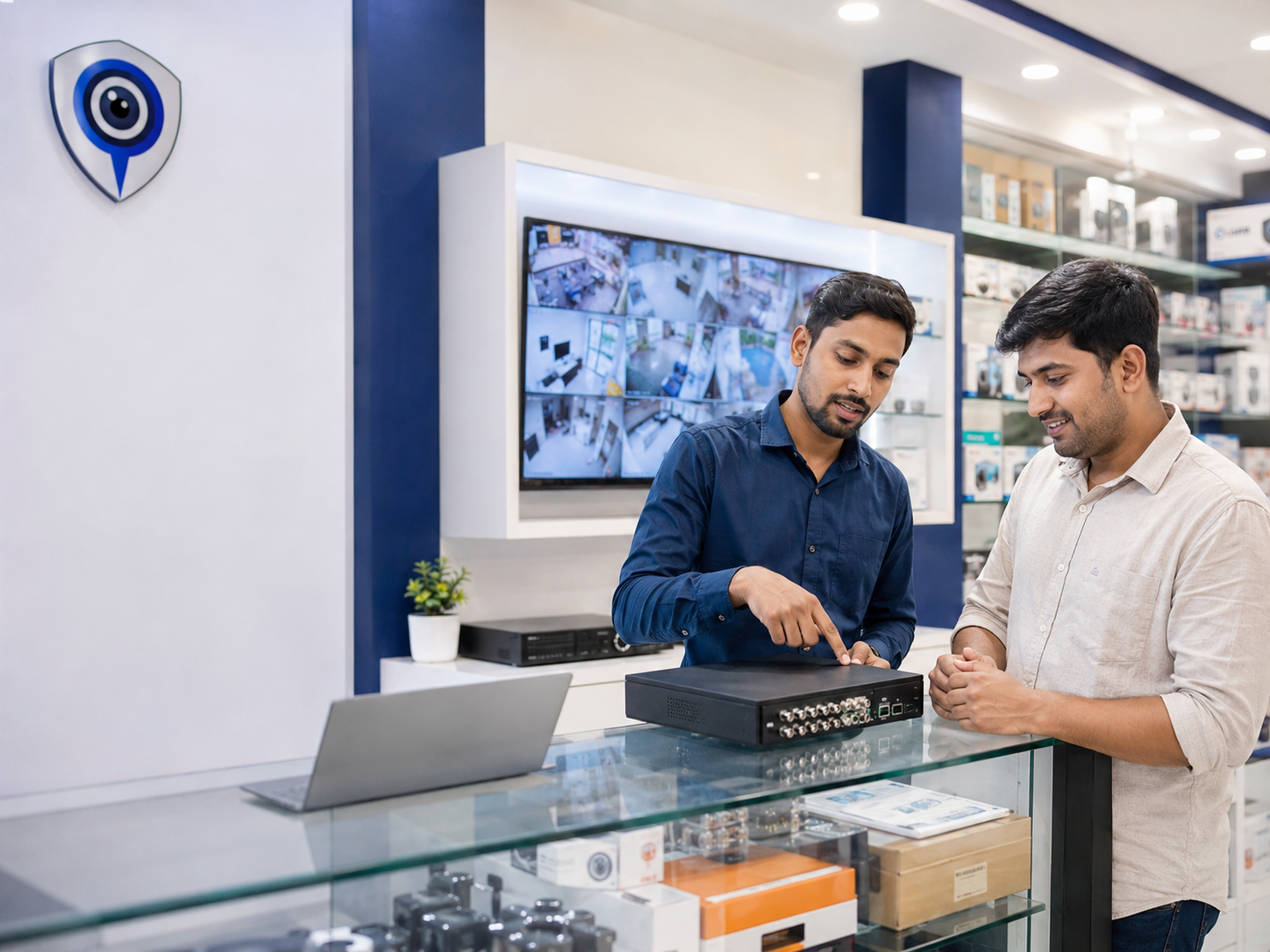 CCTV professional discussing DVR and camera requirements with a customer